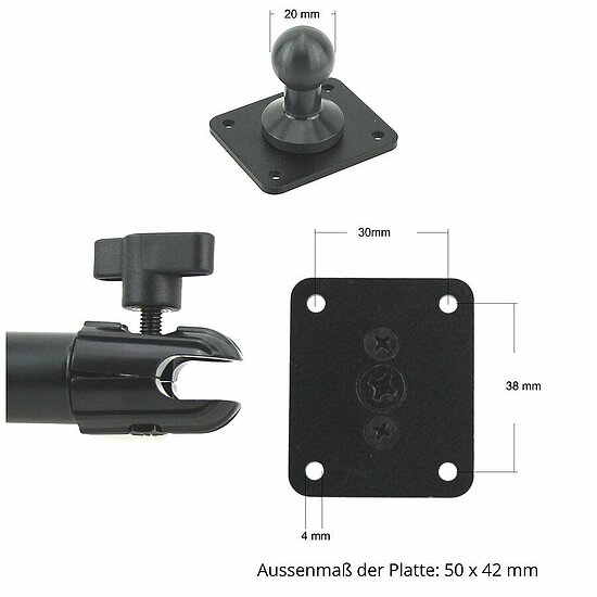 Bild 3 - Brodit Standfuss / Sockelhalterung, Lnge: 251mm (max. Belastung: 2kg), Kugelkopf: 20mm Verstellbar: 360 Grad / 210 Grad Neigung