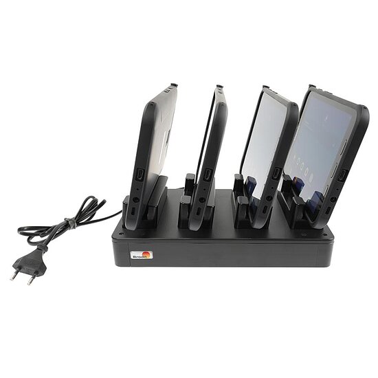 Bild 5 - Brodit 4-fach Tischladeger�t f�r SAMSUNG Galaxy Tab Active 2, Galaxy Tab Active Pro, Galaxy Tab Active 3, Galaxy Tab Active 4 Pro, Galaxy Tab Active 5, Galaxy Tab Active 5 Pro, Ladung �ber Pogo-Pins, passt f�r Ger�te mit Original H�lle zum gleichzeit