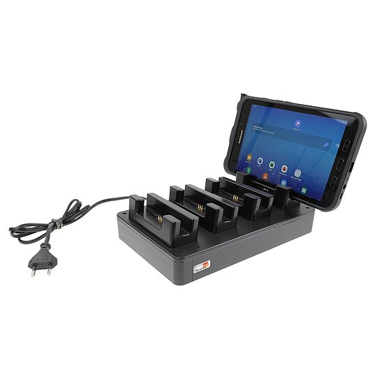 Bild 1 - Brodit 4-fach Tischladeger�t f�r SAMSUNG Galaxy Tab Active 2, Galaxy Tab Active Pro, Galaxy Tab Active 3, Galaxy Tab Active 4 Pro, Galaxy Tab Active 5, Galaxy Tab Active 5 Pro, Ladung �ber Pogo-Pins, passt f�r Ger�te mit Original H�lle zum gleichzeit