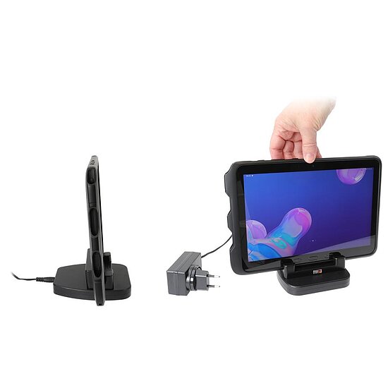 Bild 3 - Brodit Tischladegert fr SAMSUNG Galaxy Tab Active 2, Galaxy Tab Active 3, Galaxy Tab Active Pro, Galaxy Tab Active 4 Pro, Galaxy Tab Active 5, Galaxy Tab Active 5 Pro, Ladung ber Pogo-Pins, fr Gerte mit original Hlle