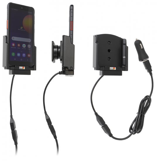 Bild 1 - Brodit Halter Aktiv USB, 12/24V, fr SAMSUNG Galaxy XCover 5, inkl. USB-Ladegert (Ladung ber Pogo-Pins) USB-Ladeanschluss, Montageplatte mit Kugelgelenk