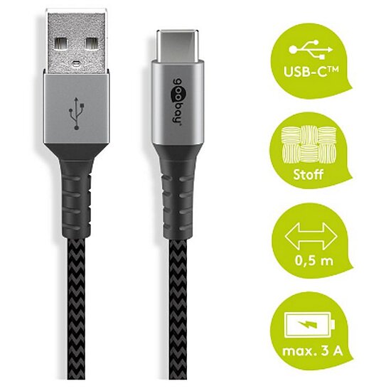 Bild 1 - Goobay Daten- / Ladekabel USB-A auf USB-C , 0.5m, Textilummantelung, Black mit Metallsteckern, besonders robust! Stecker Typ A auf USB Typ C