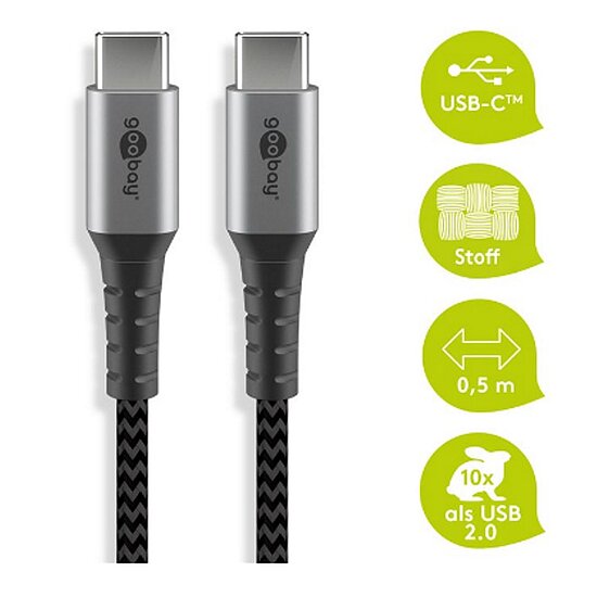 Bild 1 - Goobay Daten- / Ladekabel USB-C auf USB-C fr alle Gerte mit USB-C Anschluss , 0.5m, Textilummantelung mit Metallsteckern, besonders robust! Stecker TypC auf TypC!