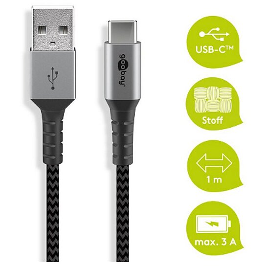 Bild 1 - Goobay Daten- / Ladekabel USB-A auf USB-C , 1m, Textilummantelung, Black mit Metallsteckern, besonders robust! Stecker Typ A auf USB Typ C