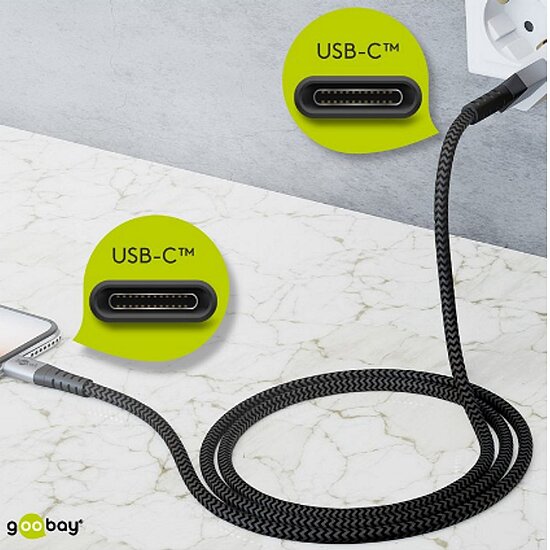 Bild 4 - Goobay Daten- / Ladekabel USB-C auf USB-C f�r alle Ger�te mit USB-C Anschluss , 1m, Textilummantelung mit Metallsteckern, besonders robust! Stecker TypC auf TypC!