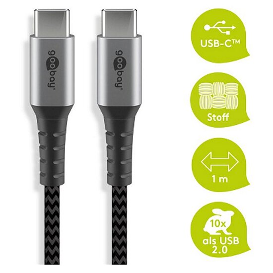 Bild 1 - Goobay Daten- / Ladekabel USB-C auf USB-C f�r alle Ger�te mit USB-C Anschluss , 1m, Textilummantelung mit Metallsteckern, besonders robust! Stecker TypC auf TypC!