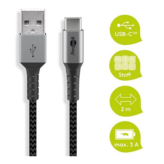 Bild 1 - Goobay Daten- / Ladekabel USB-A auf USB-C , 2m, Textilummantelung, Black mit Metallsteckern, besonders robust! Stecker Typ A auf USB Typ C