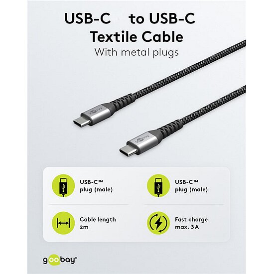 Bild 5 - Goobay Daten- / Ladekabel USB-C auf USB-C fr alle Gerte mit USB-C Anschluss , 2m, Textilummantelung mit Metallsteckern, besonders robust! Stecker TypC auf TypC!