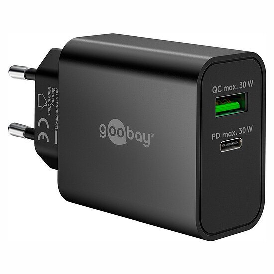 Bild 1 - Goobay USB GaN Ladeger�t Dual 230V , 1x USB-A + 1x USB-C, 30W, Black mit USB Power Delivery (PD) Technologie