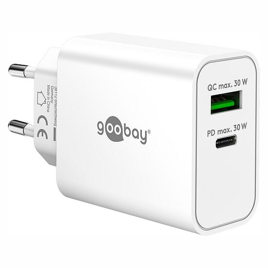 Bild 1 - Goobay USB GaN Ladeger�t Dual 230V , 1x USB-A + 1x USB-C, 30W, White mit USB Power Delivery (PD) Technologie