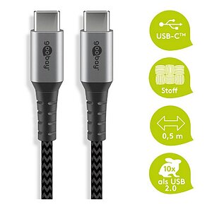 Goobay Daten- / Ladekabel USB-C auf USB-C fr alle Gerte mit USB-C Anschluss , 0.5m, Textilummantelung mit Metallsteckern, besonders robust! Stecker TypC auf TypC!