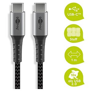 Goobay Daten- / Ladekabel USB-C auf USB-C fr alle Gerte mit USB-C Anschluss , 1m, Textilummantelung mit Metallsteckern, besonders robust! Stecker TypC auf TypC!