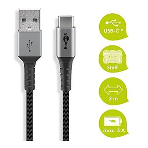 Goobay Daten- / Ladekabel USB-A auf USB-C , 2m, Textilummantelung, Black mit Metallsteckern, besonders robust! Stecker Typ A auf USB Typ C