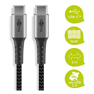 Goobay Daten- / Ladekabel USB-C auf USB-C fr alle Gerte mit USB-C Anschluss , 2m, Textilummantelung mit Metallsteckern, besonders robust! Stecker TypC auf TypC!