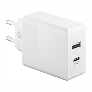 Goobay USB Ladeger�t Dual 230V , 1x USB-A + 1x USB-C, 30W, White mit USB Power Delivery (PD) Technologie