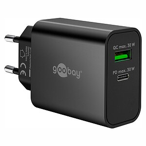 Goobay USB GaN Ladeger�t Dual 230V , 1x USB-A + 1x USB-C, 30W, Black mit USB Power Delivery (PD) Technologie