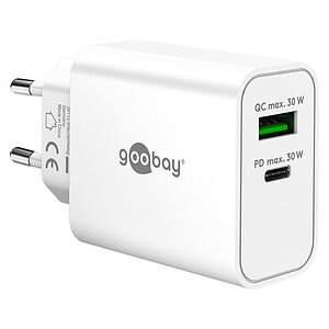 Goobay USB GaN Ladeger�t Dual 230V , 1x USB-A + 1x USB-C, 30W, White mit USB Power Delivery (PD) Technologie