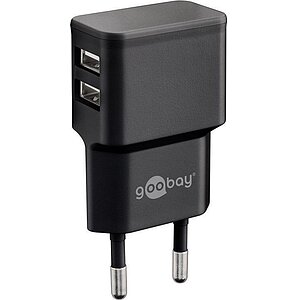 Goobay Dual USB Ladegert SLIM 230V , 2x USB-A, 12W, Black platzsparender seitlicher USB Ausgang